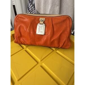 L.A.M.B. by Gwen Stefani Orange Leather Logo Makeup Bag Clutch Y2K